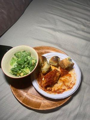 Stuffed Shells ceasar salad garlic knots