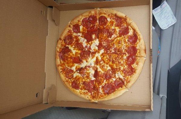 Large pepperoni pizza (as you can see on the receipt next to it) The "large" pizza was smaller than the small box it came in.