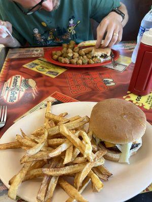 Cheese burger and fries. Double Peewee and hotdog with fried okra