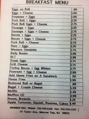 Breakfast menu (as well as various grill/hot sandwiches) for Monroe Corner Deli