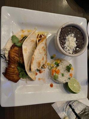 Fish tacos with black beans and rice