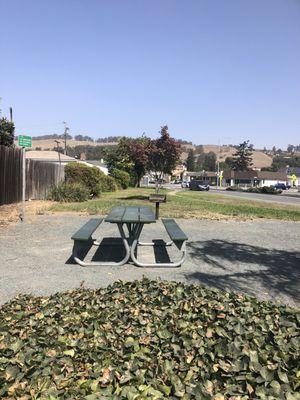 One bench, grass, walkways, parking area behind me.