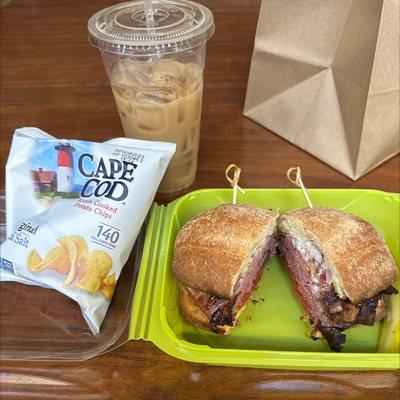 Blue steak ciabatta Sandwhich, chips, pickle, and a medium iced coffee for less than $10!