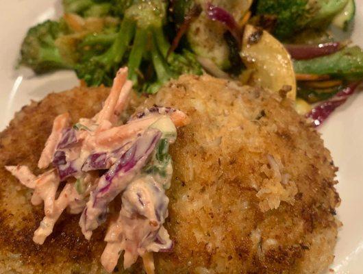 Crab cakes with mixed veggies.