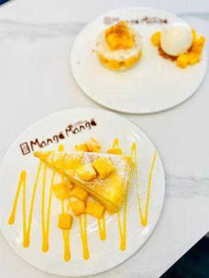 Mango mille crepe cake & Mango coconut sticky rice with ice cream (top)