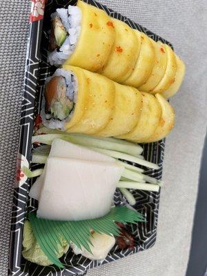 Golden Tiger Roll and 2 pieces of Escolar sashimi