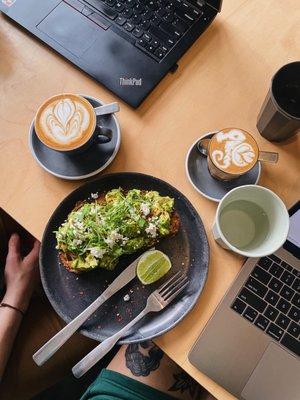 Avo Toast and Piccolo and Flat White