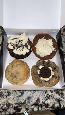 French Silk Pie (top left), Crave Cinnamon Roll (top right), Milk Chocolate Chip (bottom left), The S'moreo (bottom right)