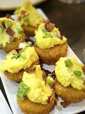 Deep Fried Deviled Eggs $9.99 panko breading finished with chopped smoked bacon and green onion