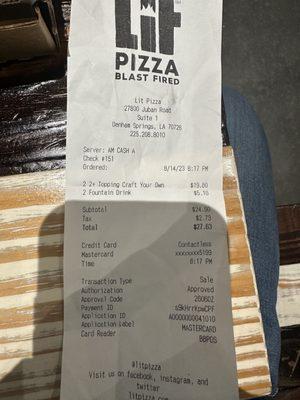 Receipt of my purchase for 2 pizzas