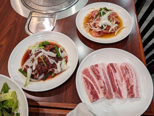 The meats to be grilled: Bugolgi, chicken and pork belly.