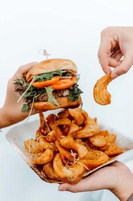 niihau lamb burger (march food a go go special) and garlic truffle sidewinder fries