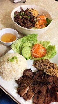 Rice and pork chop and grilled pork with noodles