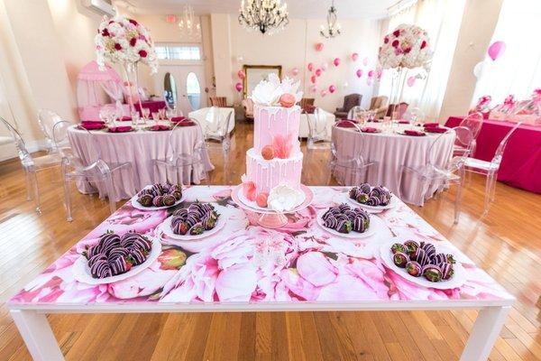 Custom designed dessert table with pink peony overlay