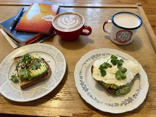 Avo toast + added an egg. Yum!   Chai tea latte or mocha