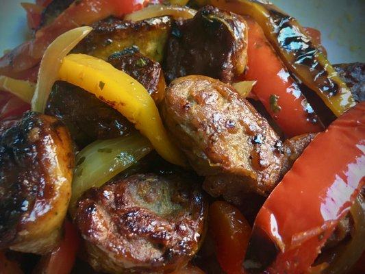 Beyond Spicy Italian Sausage w/Red & Green Peppers. Vegan HEAVEN!