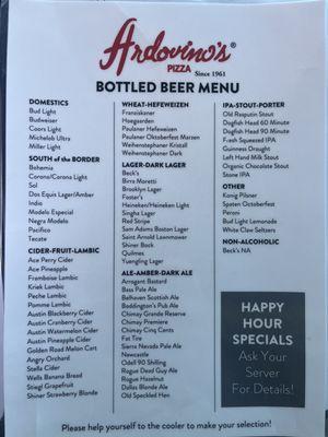 Ardovinos Bottled Beer Menu 20% off to go