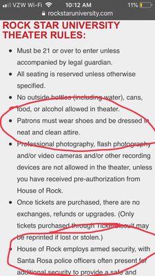 Venue rules from their own website.