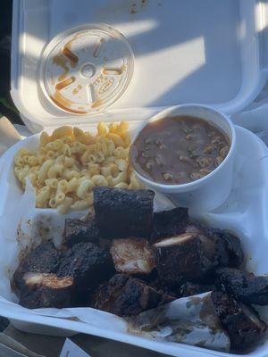 Rib Tips, Mac & Cheese, BBQ Baked Beans