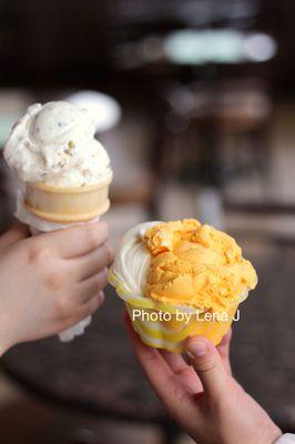 Double Mixed Mango and Kashta Ice Cream ($5.25) and Single Scoop Kashta Pistachio Ice Cream ($4.40)