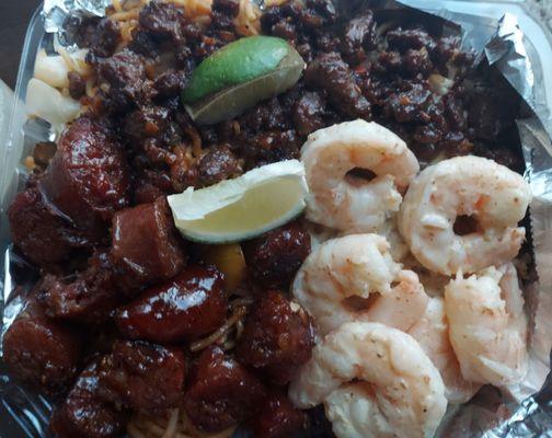 Three-meat meal: Curry shrimp, beef, and sausage with half fried rice and half yakisoba.