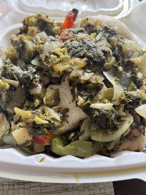 Small Callaloo & Saltfish with Yam and Dumplings