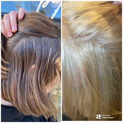 This is a transformation that took about four hours. We were able to use bleach with added toner in the bleach so it is a one step process.