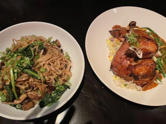 Tea and spice smoked chicken, mushroom noodles