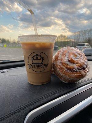 Ice coffee and cinnamon bun!