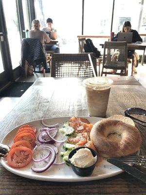 Iced "Frothy Monkey espresso" and Goldie's Lox Platter