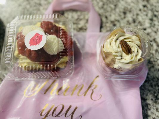 Strawberry shortcake and butter pecan cupcake.