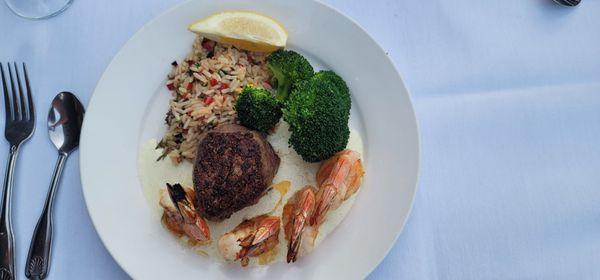 Filet and prawns (surf and turf). The jalapeño aioli sauce was to die for!