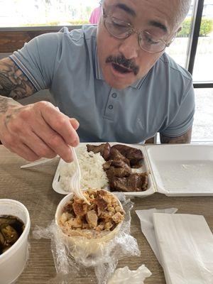 Sisig and rice with pork adobo