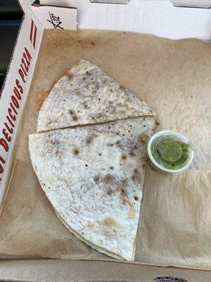 Pulled pork quesadilla with guacamole. Yum.