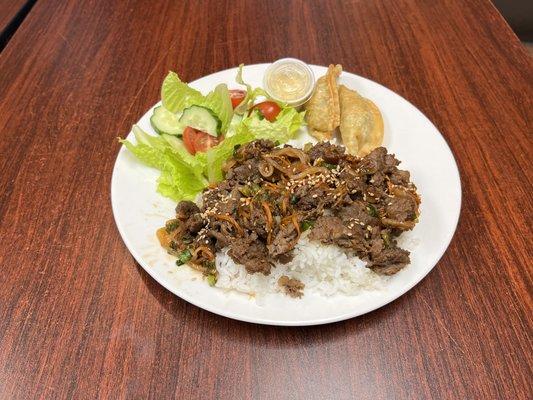 Bulgogi Platter: bulgogi (marinated Korean style beef) over white rice, garden salad, and fried veggie dumplings