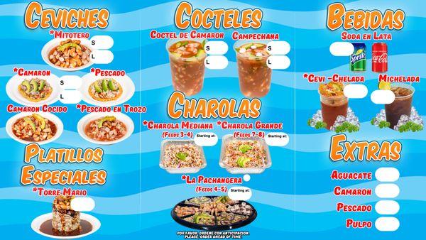 This is our menu and what we provide! We're here to serve you fresh seafood Jalisco style!