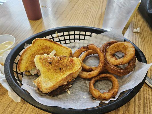 Delicious patty melt with onion rings!!