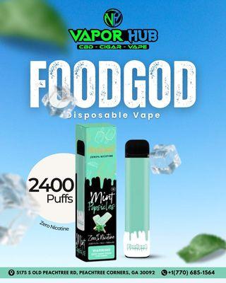 "Kick back and vape with the *Food God Zero Nicotine Disposable Vape* at Vapor Hub Peachtree - zero nicotine, all the fun!