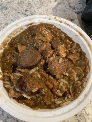 Sausage pieces are dark, I actually didn't taste or smell anything gumbo like in the dish....