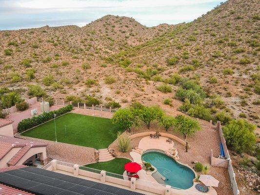 Blisstopia sky view of the backyard and the base of Sunrise Mountain