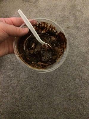 Bitter hot fudge in "large" container.