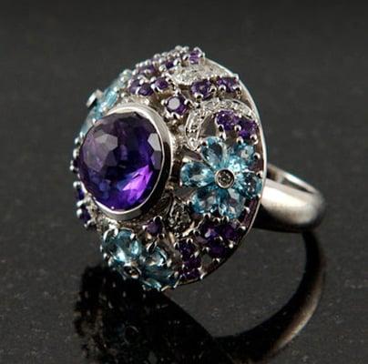 Custom amethyst and blue topaz white gold ring