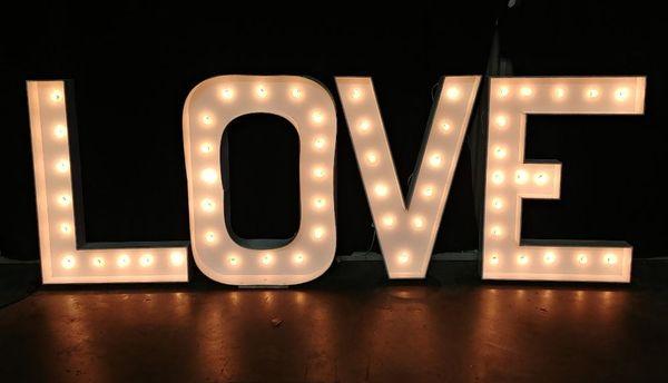 Giant lighted LOVE sign!  Perfect for weddings and other love-themed events! Each letter is 32 inches tall x 24 inches wide.