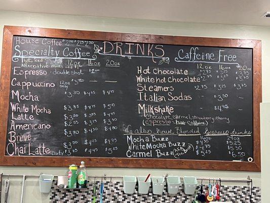 Coffee and drink menu