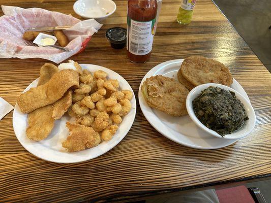 Flounder & Shrimp plate (big portion) with fried green tomatoes & turnip greens....