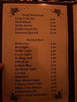 Drink menu