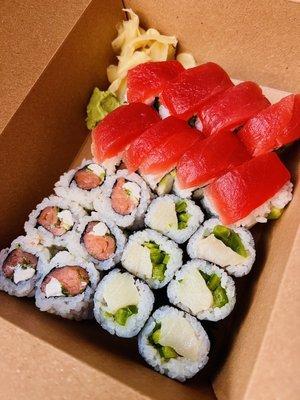 Left- Philadelphia roll, right- yellowtail roll, top-create your own roll SO FRESH!