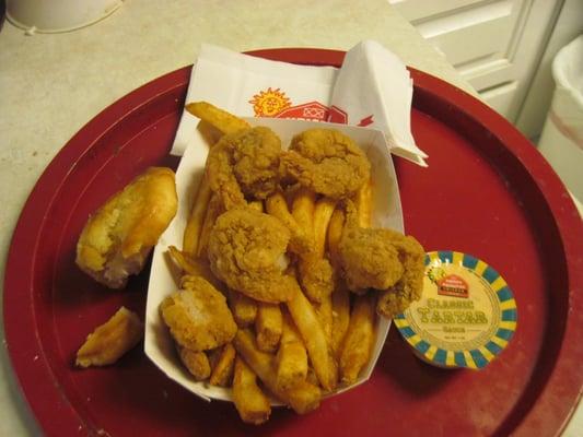 5 piece shrimp; fries and a biscuit  $5.49