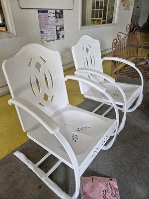 Freshly powder coated old-school lawn chairs.