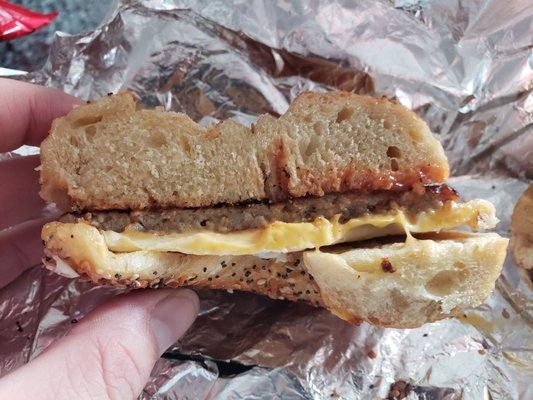 Sausage, Egg, & Cheese on a Jalapeno Everything Bagel (Inside)